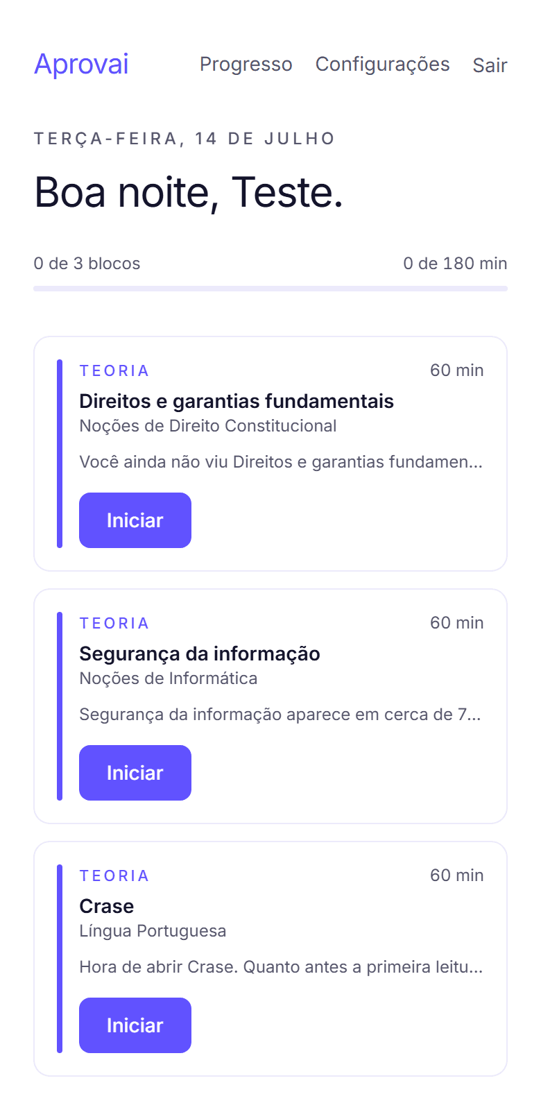Missão do dia do Aprovai com blocos de estudo